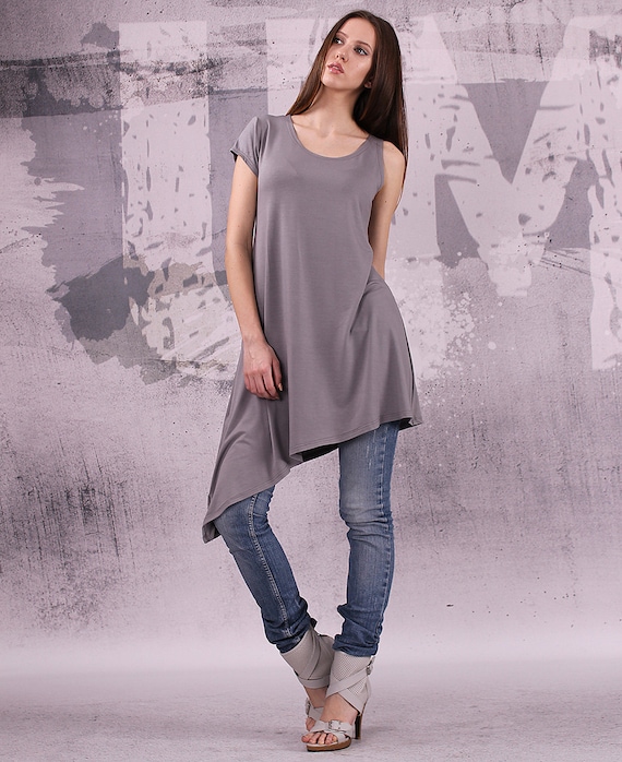 Asymmetrical Gray Tunic, Top With One Sleeve, Loose Tunic, Tank