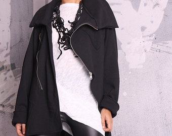 Extravagant black coat, quilted cotton jacket, black sweatshirt, black blazer, hoodie,quilted cotton coat,black coat, coat woman - UM-050-QC