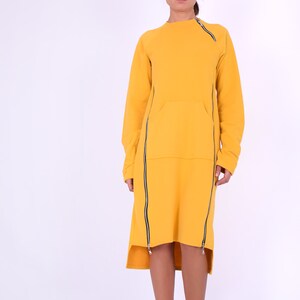 Sweatshirt dress.Women dress.Yellow cotton dress.Dress with zippers.Long sleeved dress.Knee length dress.Autumn winter dress.Dresses 275QC image 5