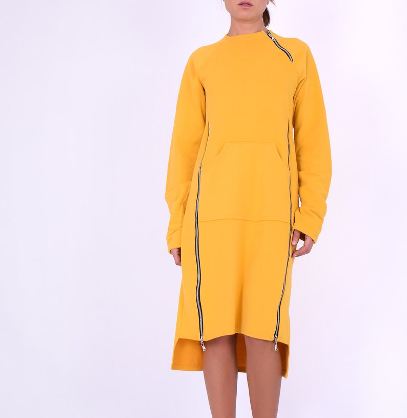 Sweatshirt dress.Women dress.Yellow cotton dress.Dress with zippers.Long sleeved dress.Knee length dress.Autumn winter dress.Dresses 275QC image 5