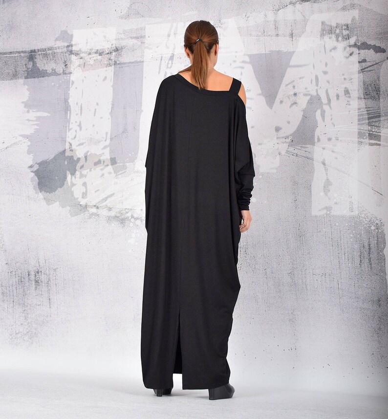 Black long dress, loose dress, maxi dress, black dress, long sleeves dress, bare shoulder dress, asymmetric dress, plus size dress UM215VL image 6