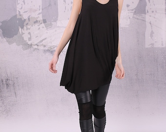 Asymmetrical black sleeveless tunic top, loose tunic, tank top - UM-020-VL