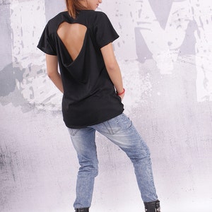 Simple black top, t shirt, blouse, with very short sleeves and open back UM-F001-FL image 1