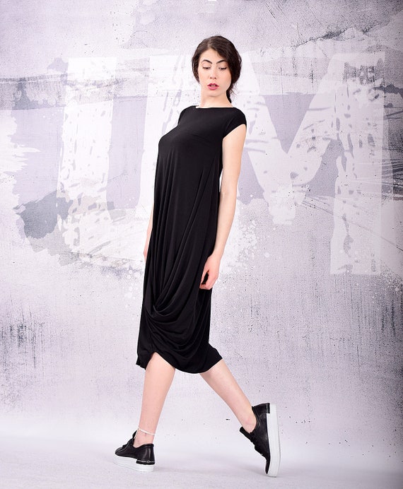 chinese dress ladies Loose Fit Midi Dress in Black