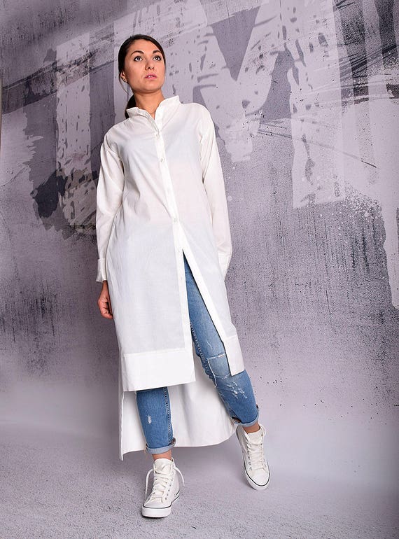 White Shirt Extra Long Shirt Asymmetric Shirt Long Sleeves