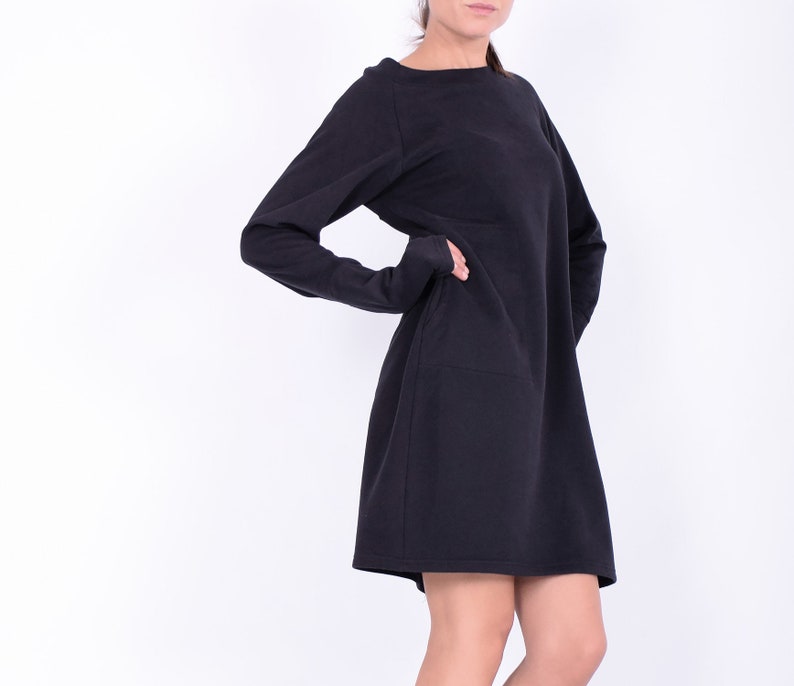 Black mini dress, Sweatshirt dress, Sweaterdress,Long sleeved dress,Quilted cotton dress, Mini cotton dress, Mini dress, Casual dress, 272QC image 3