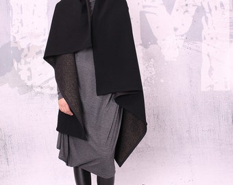 Extravagant asymmetrical sleeveless black coat / sleeveless vest / wool sleeveless vest - 013