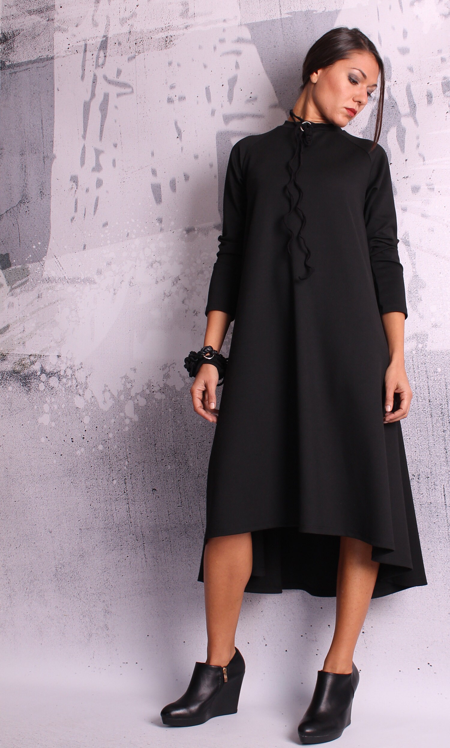 Black dress, A line dress, loose tunic, maternity dress, tunic dress, long sleeved dress, Black tunic - UM-049-PU