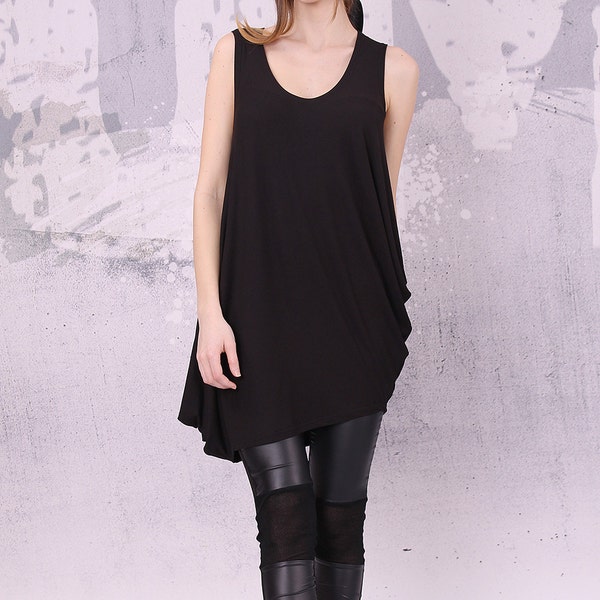 Asymmetrical black sleeveless tunic top, loose tunic, tank top - UM-020-VL