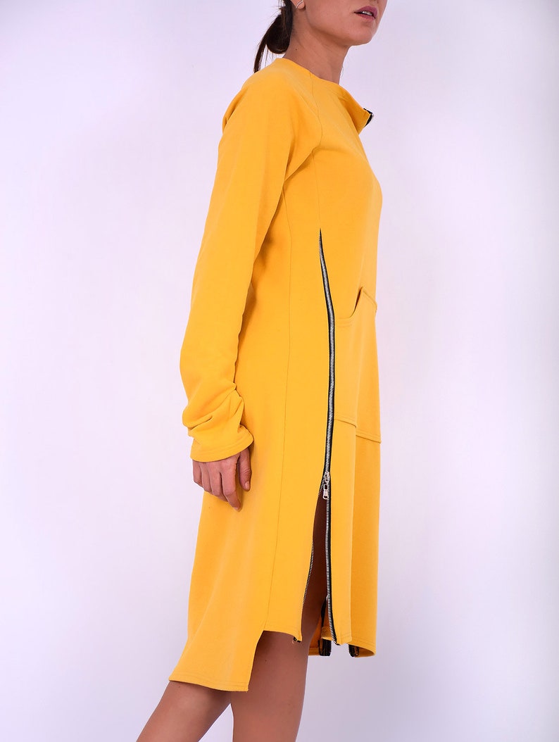 Sweatshirt dress.Women dress.Yellow cotton dress.Dress with zippers.Long sleeved dress.Knee length dress.Autumn winter dress.Dresses 275QC image 10