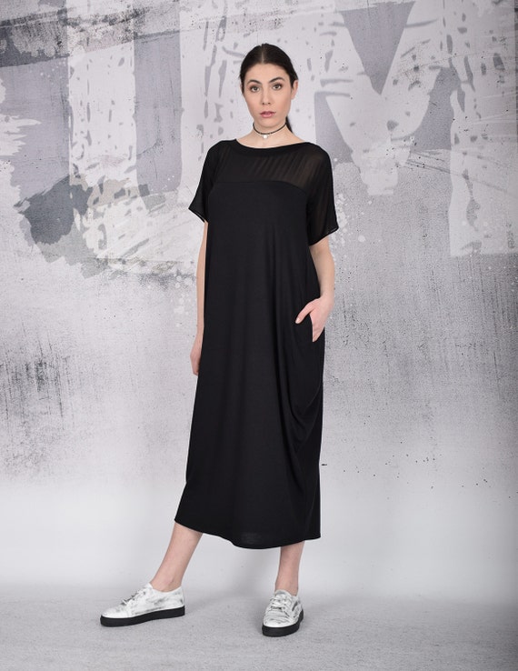 Black Maxi Dress. Black Long Dress. Sheer Shoulders Dress. Long Dress. Loose  Dress. Short Sleeved Dress. UM-085-COCH - Etsy