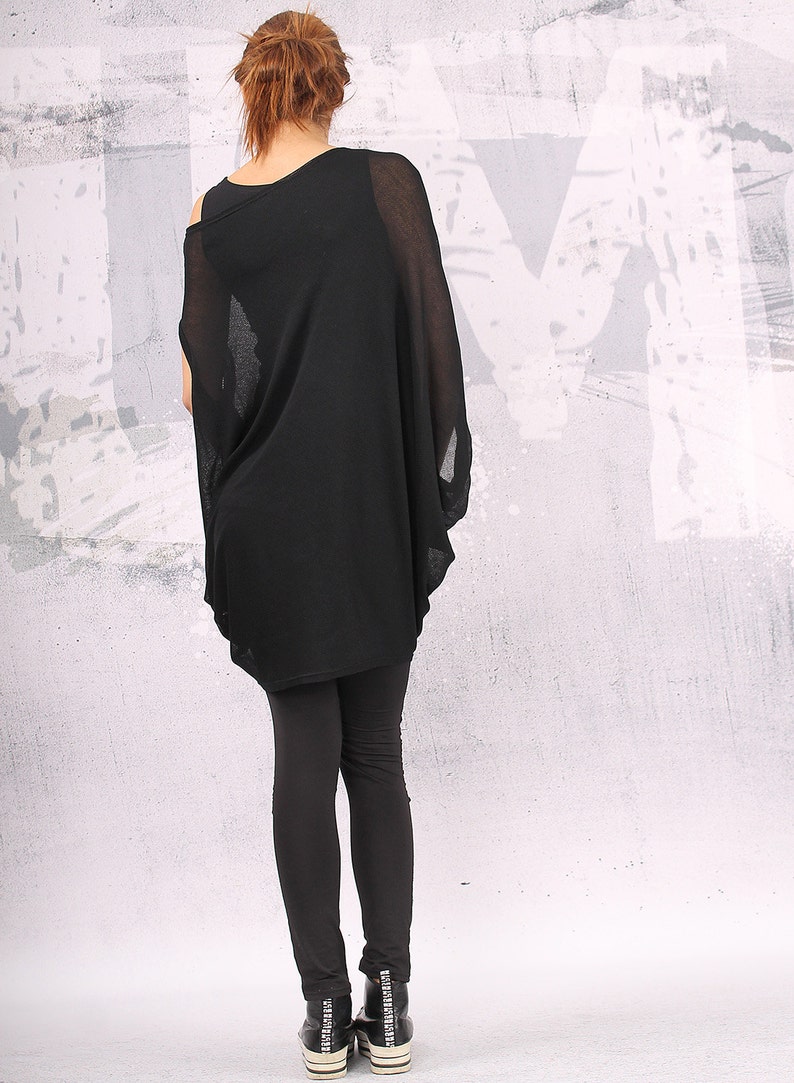 Women's Knitted Black Top with Asymmetric Hem & Button Detail