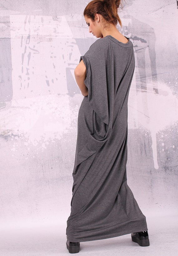 grey short flowy dress Lily by Firmiana Women's Short Sleeve Wrap-Style Maxi Dress with Tie Blue & Taupe Brushstroke Abstract Blue & Taupe Brushstroke Abstract / 2XL