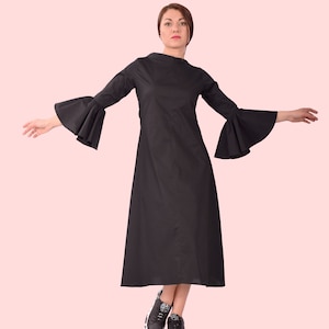 Elegant Black Dress With Long Bell Sleeves, Events Dress, Party Dress, Cocktail Dress, Opera Dress, Concert Dress, Cotton Dress, UM303CL