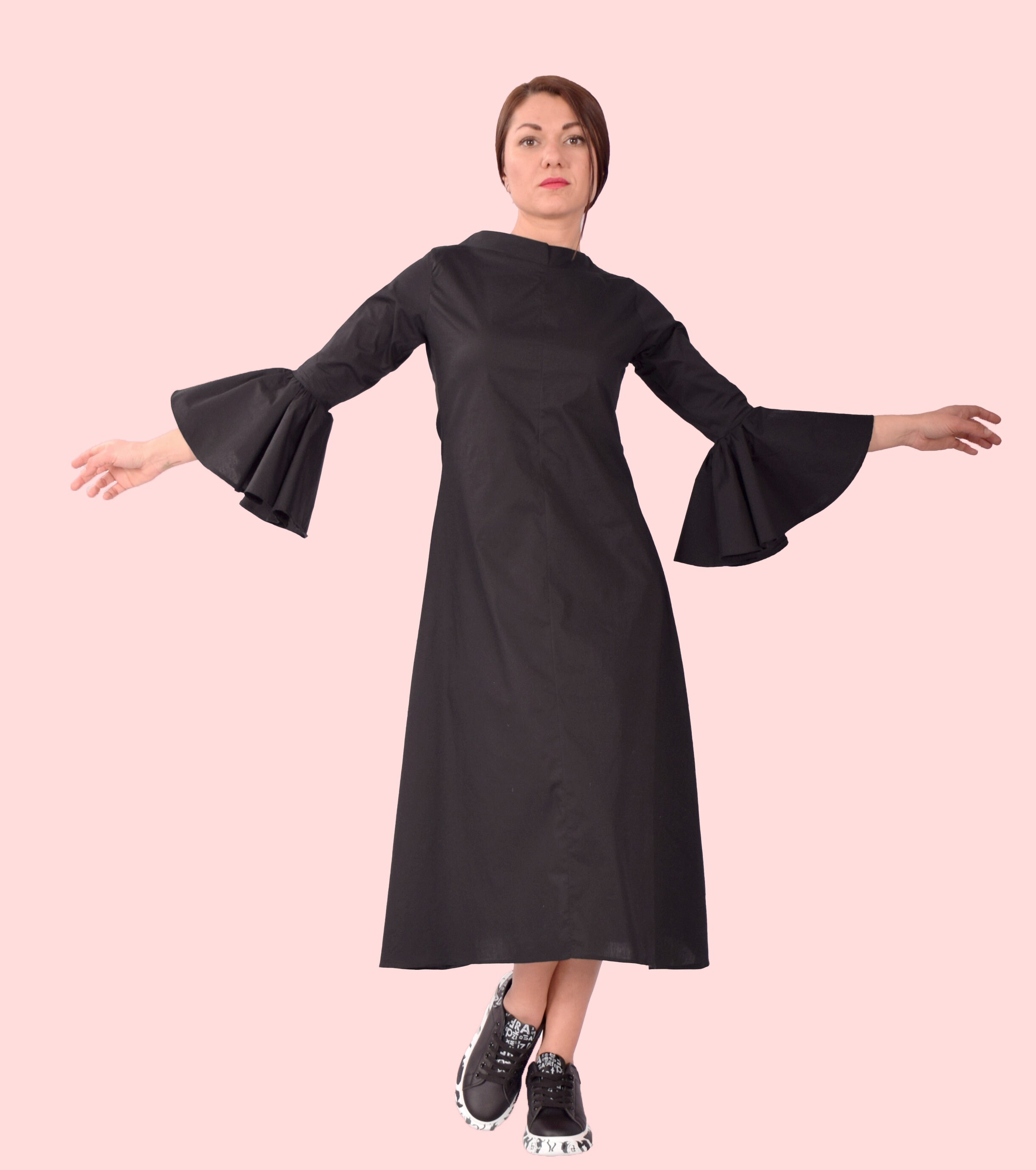 Elegant Black Dress With Long Bell Sleeves, Events Dress, Party Dress,  Cocktail Dress, Opera Dress, Concert Dress, Cotton Dress, UM303CL - Etsy