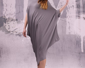 Gray dress/ loose tunic/ asymmetric maxi dress with short sleeves, plus size dress, oversize tunic dress, long tunic dress,  - UM-029-VL