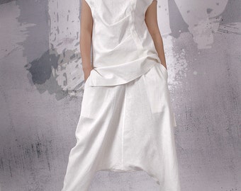 Pantalon en lin blanc, pantalon oriental ample, pantalon extravagant, pantalon en lin Harem, pantalon, pantalon ample, pantalon oriental, taille plus, FP-055-LN