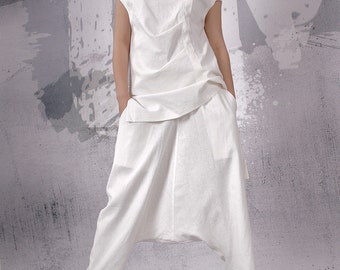 White  Linen Pants, Loose Oriental Pants, Extravagant Pants, Harem Linen Pants, Trousers, Loose Pants, Oriental Pants, Plus Size , FP-055-LN