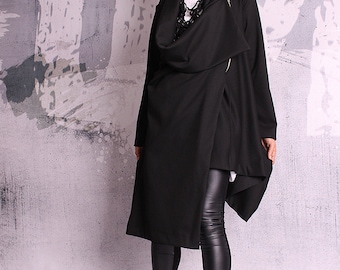 Extravagant black coat, asymmetric jacket, woman coat, black vest, black blazer, asymmetric coat  - UM-048-PU