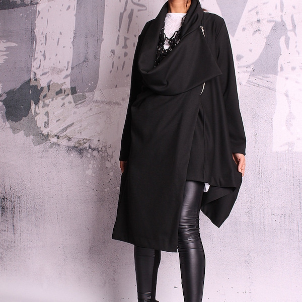 Extravaganter schwarzer Mantel, asymmetrische Jacke, Frauenmantel, schwarze Weste, schwarzer Blazer, asymmetrischer Mantel - UM-048-PU