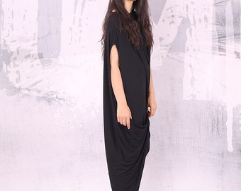 Black loose maxi dress with very short sleeves, plus size dress, oversized tunic dress, long tunic dress,  - UM-028-VL