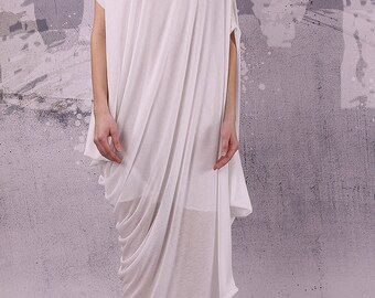 White loose asymmetrical maxi dress with short sleeves / plus size dress / oversized tunic dress / long tunic dress /  - 029