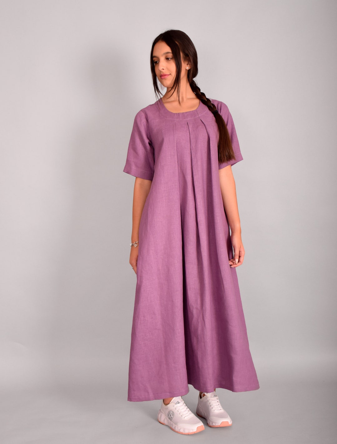 Comfy Purple Maxi Linen Dress With Short Sleeves and Pockets, UM323LN — free download
