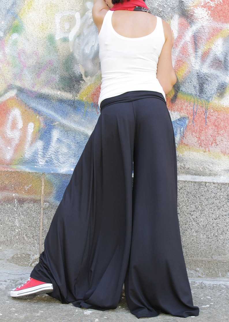 Pants. Black pants. Wide skirt pants. Long wide pants. Extra long pants. Casual pants. Jersey pants. Plus size pants. CO-ANNY-VL image 1