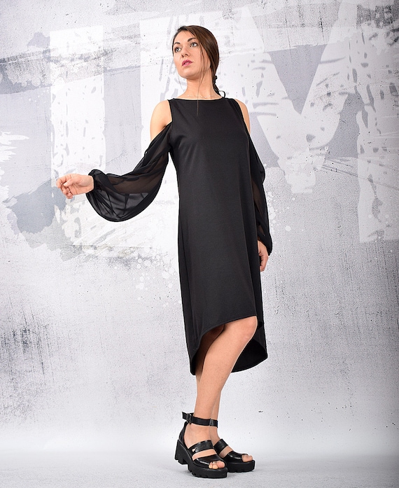 Midi Dress, Black Dress, A Line Dress, Maternity Dress, Tunic Dress, Long  Sleeved Dress, Chiffon Sleeves, Open Shoulders Dress - UM-126-PU - Etsy
