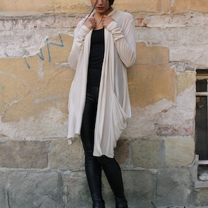 NEW, Knit cotton cardigan/ asymmetric top/ beige vest/ long sleeved top/ wrap top - UM-059-PT