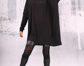 Zwarte top/extravagante tuniek, asymmetrische tuniekjurk, plus size tuniek, oversize jurk, tuniek met lange mouwen, - UM-FL003-FL