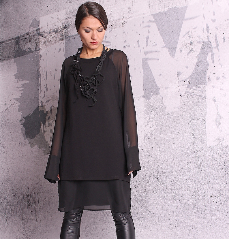 Black tunic, blouse with long sleeves, black tunic,black top,loose top, long tunic,tunic dress,sheer sleeves tunic,tunic top,UM052VLCH image 2