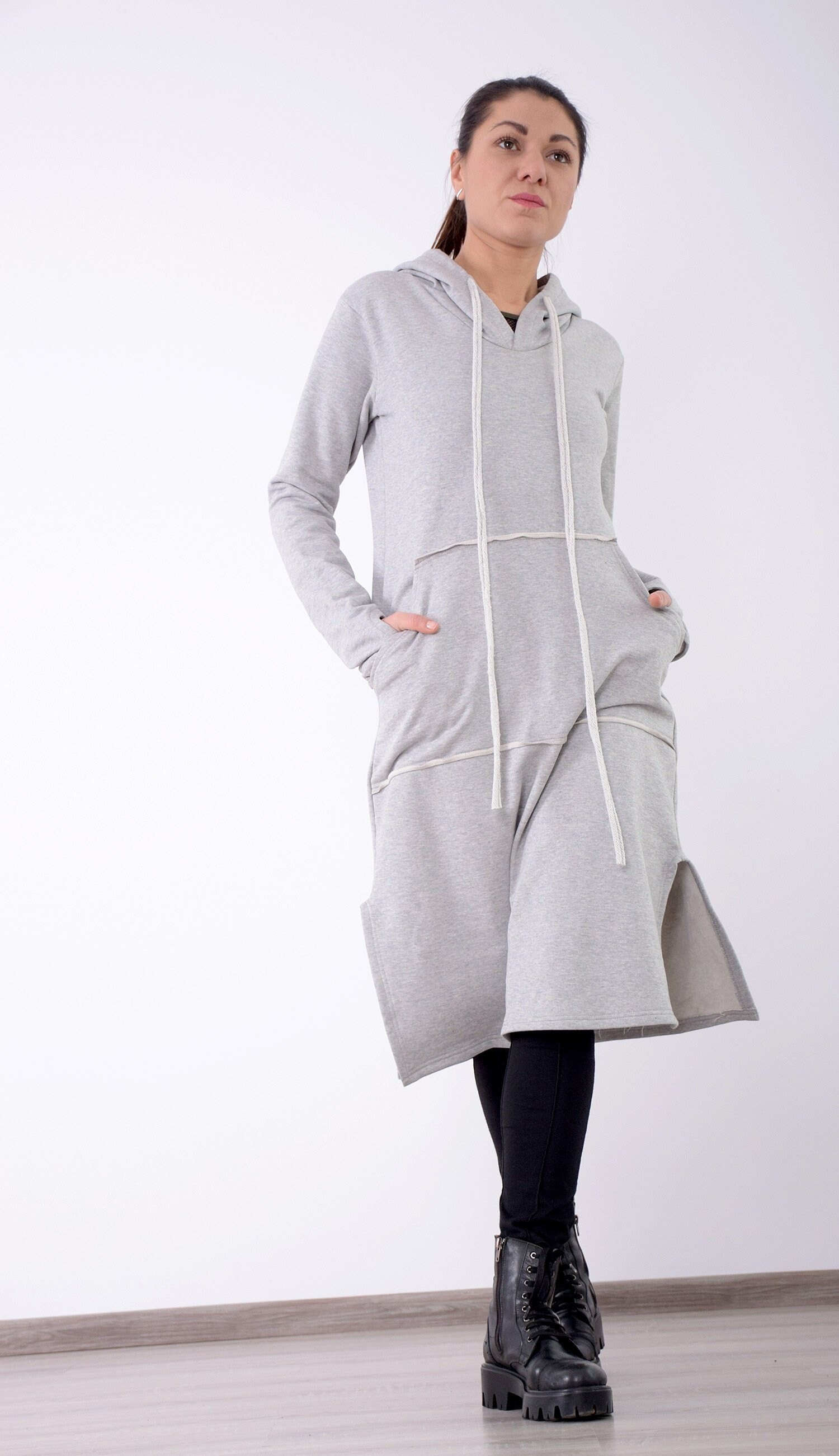 Sweatshirt Dress, Quilted Cotton Dress, Gray Dress, Women Gray