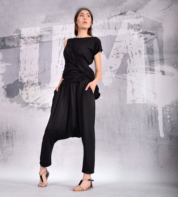 Sarouel Pantalon femme Pantalon noir Decontracte Pantalon oriental Pantalon elastique Pantalon ample Entrejambe bas Pantalon avec poches UM202VL Etsy France