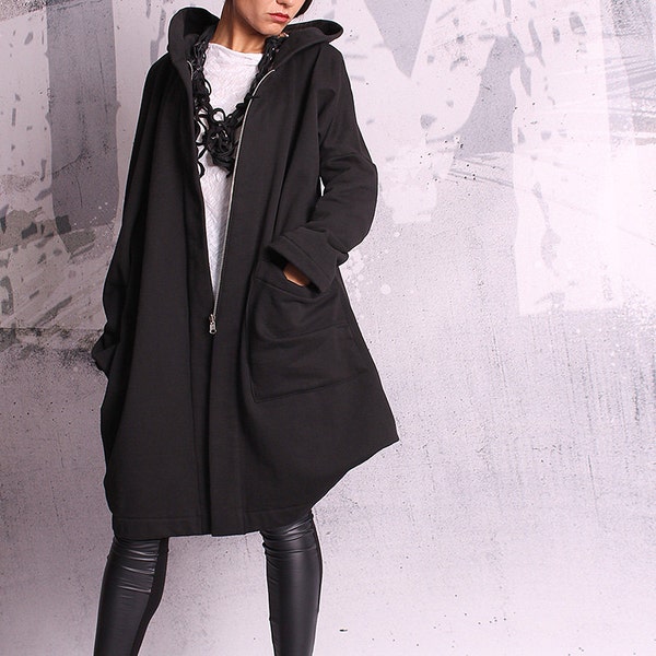 Extravagant black coat, asymmetric coat, quilted cotton jacket, black sweatshirt, black blazer, hoodie - UM-054-QC