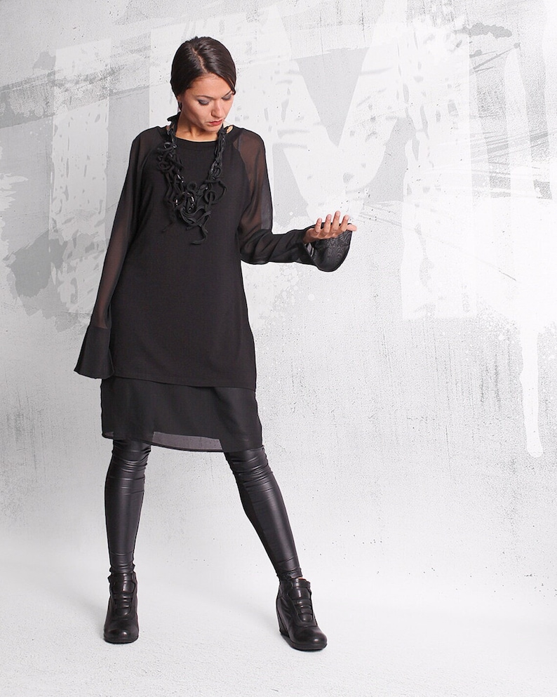 Black tunic, blouse with long sleeves, black tunic,black top,loose top, long tunic,tunic dress,sheer sleeves tunic,tunic top,UM052VLCH image 1