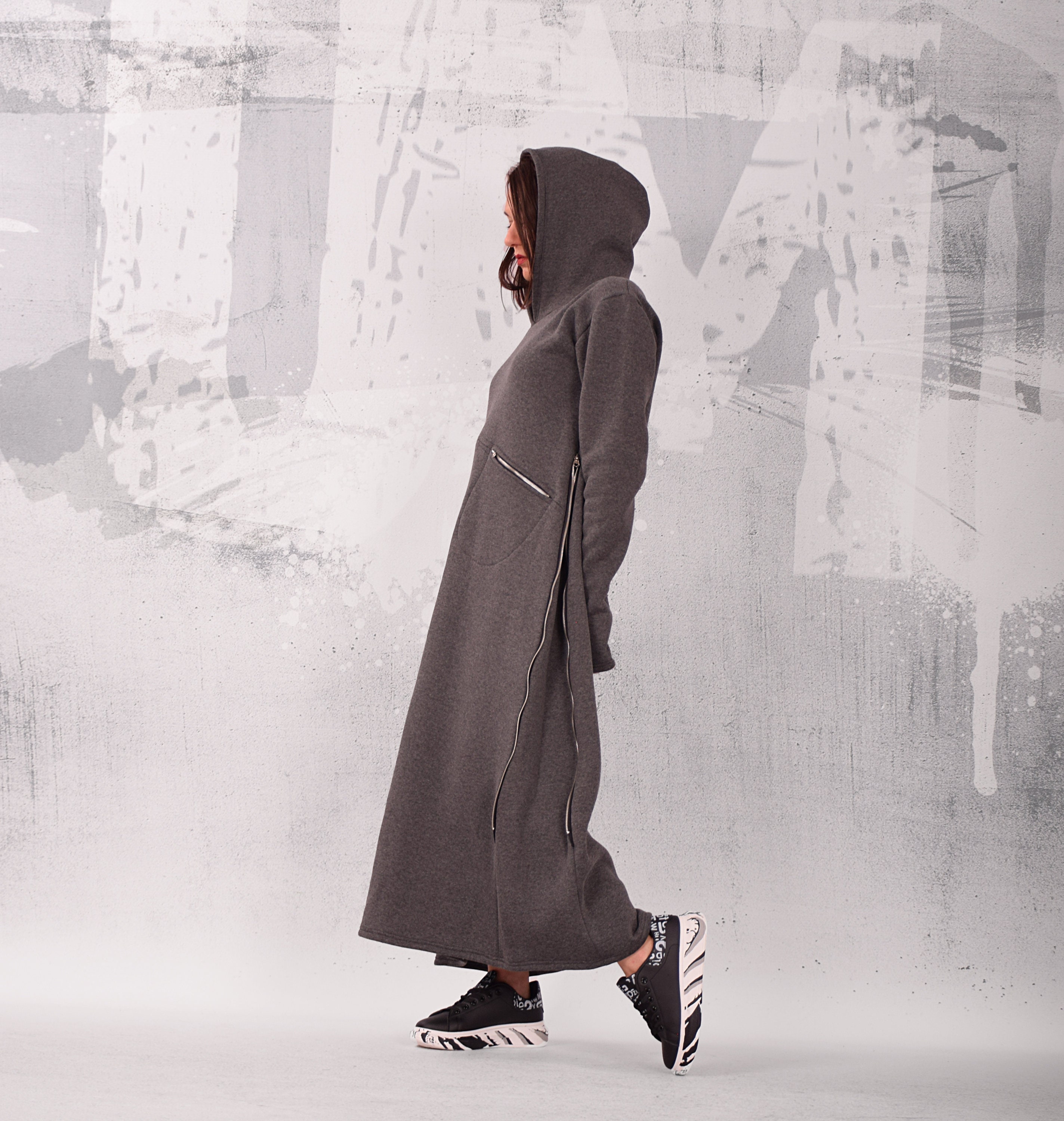 Maxi Sweatshirt Hoodie Dress With Long Sleeves and Thumb Holes