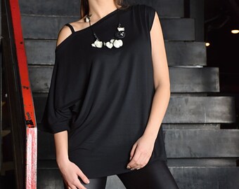 Black Top, Tunic top, Bare shoulder top, Short sleeves top, Extravagant top, Loose top by UrbanMood - UM-080-VL
