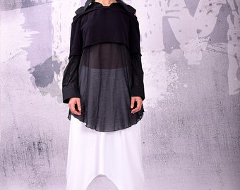 Black Shirt, Black blouse, Cotton top, Asymmetric Blouse, Black cotton shirt, Black tunic, Two Layers Blouse, Open Shoulders  - UM-137-CO