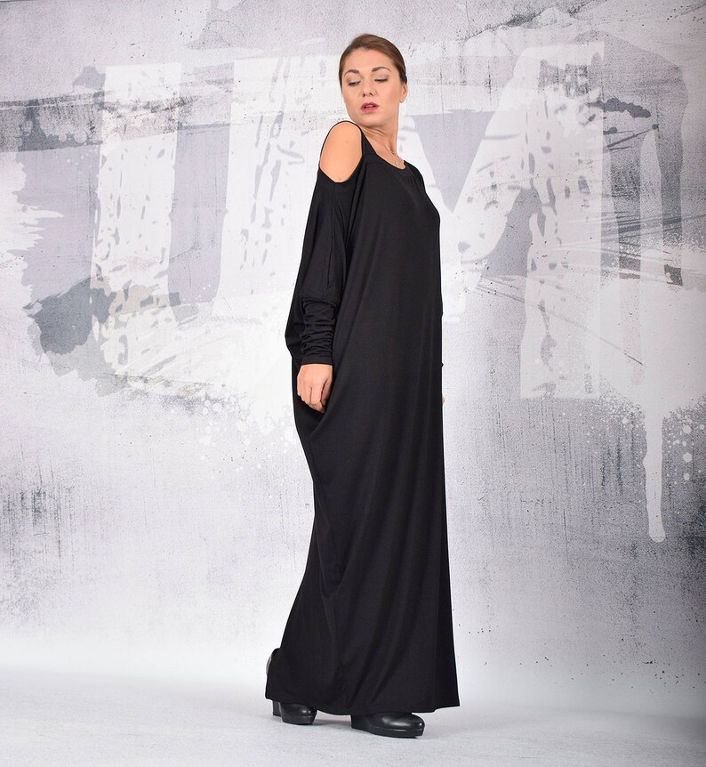 Black long dress, loose dress, maxi dress, black dress, long sleeves dress, bare shoulder dress, asymmetric dress, plus size dress UM215VL image 3