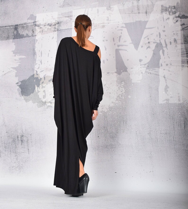 Black long dress, loose dress, maxi dress, black dress, long sleeves dress, bare shoulder dress, asymmetric dress, plus size dress UM215VL image 5