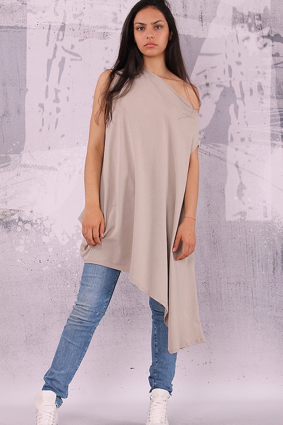 Plus Size Oversized Beige Asymmetrical Sleeveless Tunic Top