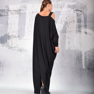 Black long dress, loose dress, maxi dress, black dress, long sleeves dress, bare shoulder dress, asymmetric dress, plus size dress UM215VL image 7