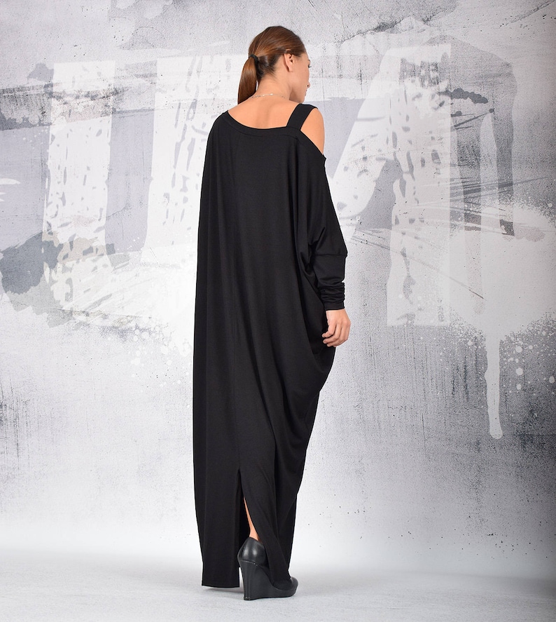 Black long dress, loose dress, maxi dress, black dress, long sleeves dress, bare shoulder dress, asymmetric dress, plus size dress UM215VL image 7