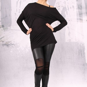 Black asymmetrical blouse with long sleeves, black tunic tunic, black top - UM-FL002-FL