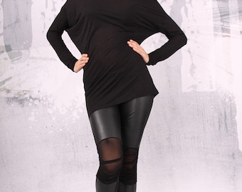 Black asymmetrical blouse with long sleeves, black tunic tunic, black top - UM-FL002-FL