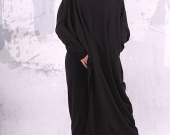 Black maxi dress,asymmetrical tunic dress, plus size tunic, oversize dress,long sleeved dress,black dress,sweatshirt dress, UM-QC001-QC