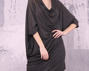 Knit cotton asymmetrical gray tunic, knit cotton top, loose tunic - UM-024-PT