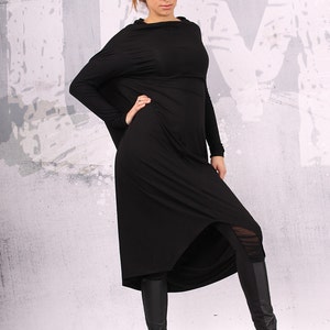 Black extravagant asymmetrical loose tunic dress, plus size tunic, over sized dress, long sleeved dress, UM-CL007-VL image 3