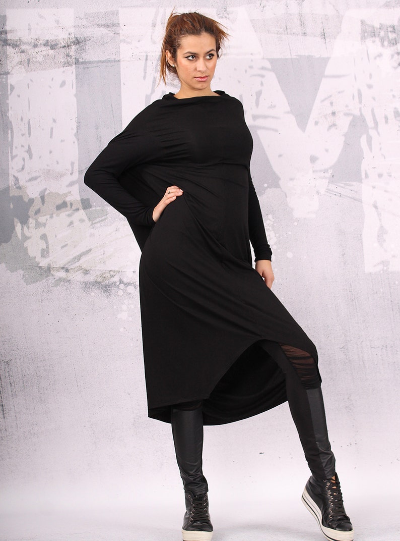 Black extravagant asymmetrical loose tunic dress, plus size tunic, over sized dress, long sleeved dress, UM-CL007-VL image 3